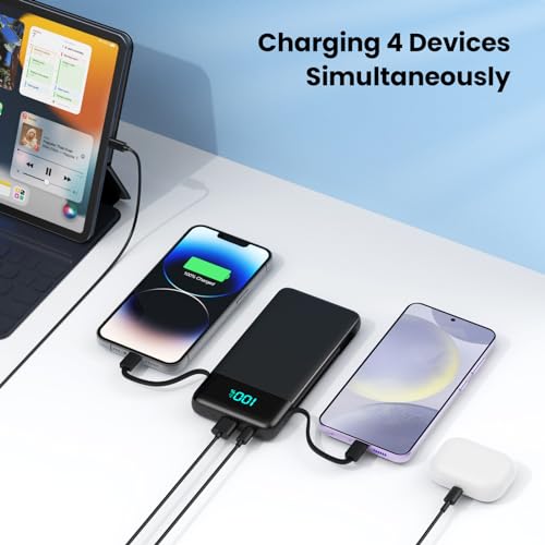 Portable Charger for iPhone with Built-in Cables and Wall Plug,Upgraded 13800mAh Fast Charging USB C Power Bank,4 Outputs Slim Travel Essential Battery Pack for iPhone 17/16/15/14/13,Galaxy,Android - color: Black