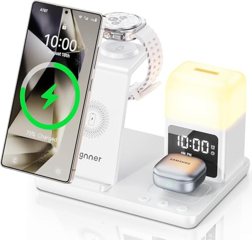 6 in 1 Wireless Charging Station for Samsung Android with Clock & Night Light,Wireless Charger Beside Clock for Galaxy S26 Ultra S25 S24,Galaxy Watch 8/7 Buds 4/3 Pro,Not for Watch 9/Ultra 2 - color: White