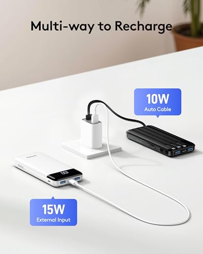 Orfeika Fast Charging Portable Charger Power Bank with Built-in 4 Cables | 10000mAh|Ultra-Slim&Light|Flight-Safe|Power 6 Devices at Once|Battery Pack For iPhone,Samsung,Google|Travel Essentials - color: White