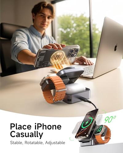 ZEEHOO 3-in-1 Foldable Magnetic Wireless Charging Station, 15W Travel Charger Stand Dock for iPhone 17/16/15/14/13/12 Series, Apple Watch, AirPods (30W Adapter Included) - color: Gray