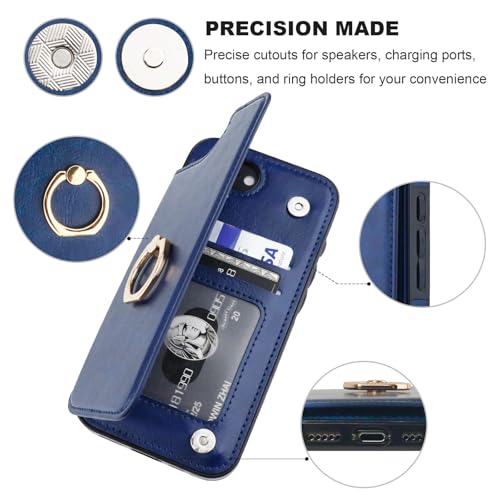 ONETOP for iPhone 17e/16e Wallet Case with Credit Card Holder,Blue | 360° Rotation Ring Kickstand,Finger Grip,Double Magnetic Clasp,RFID Blocking PU Leather Shockproof Cover for Women Men - color: Blue