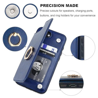 ONETOP for iPhone 17e/16e Wallet Case with Credit Card Holder,Blue | 360° Rotation Ring Kickstand,Finger Grip,Double Magnetic Clasp,RFID Blocking PU Leather Shockproof Cover for Women Men - color: Blue