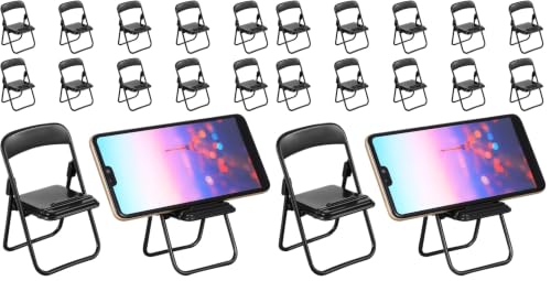 STOBOK 12Pcs Mini Folding Chair Phone Stand, Black Foldable Cell Phone Holder for Desk, Hands-Free Portable Desktop Stand Cute Decor for Smartphone & Tablet (Pack of 2) - size: 12.5 x 6.5 x 5.4 cm (1:12 Scale) (Pack of 2)
