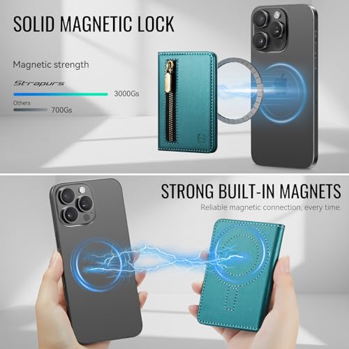Strapurs Magnetic Card Holder Compatible with MagSafe Phones and Cases, PU Leather Phone Wallet for iPhone 17/16/15/14/13/12/Pro/Max/Plus/Air, 4 Card Slots RFID Blocking with Zipper Pocket,Bluegreen - color: Blue Green