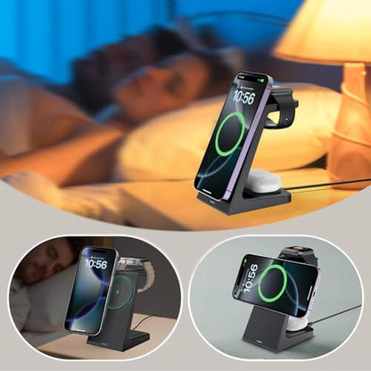 25W Magnetic Wireless Charging Stand for Mag-Safe, 3 in 1 Fast Wireless Charger Station for iPhone 17 Pro Max/17 Air/16 Pro/16 Plus/15/14/13/12 mini,Air Pods,Apple Watch