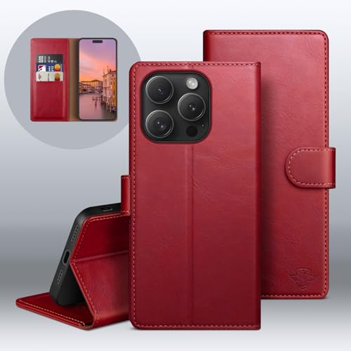 Wallet Case for iPhone 15 Pro 6.1", Red | RFID-Blocking Card Holder, Kickstand, Magnetic Closure, PU Leather Folio Flip Cover, Protective Women Men Cases - color: Red, size: iPhone 15 Pro