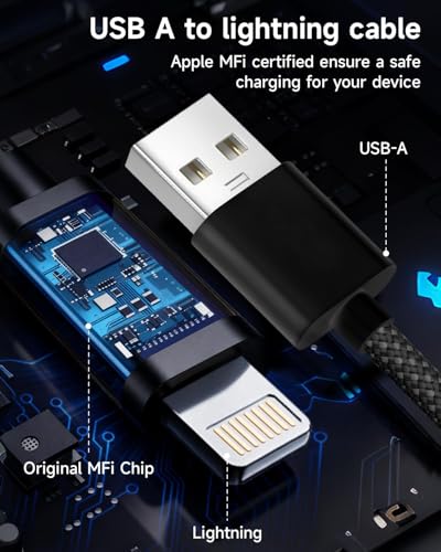 USB A to Lightning Cable 6FT 2Pack,[Apple MFi Certified] Long iPhone Charger Lightning Cable Cord Nylon Braided Black Fast Charging Cord for iPhone 14/13/12/11 Pro Max/X/8/7/6/SE,iPad Pro/Mini,AirPods