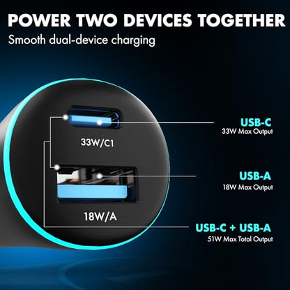 PD 51W Superfast Charging Wozoyo Car Charger, with Type C and USB A, Power Delivery, PPS & QC 3.0, Dual Port (33W + 18W), 12V–24V Compatible, Multi-Layer Protection, 2-Years Manufacturer Warranty