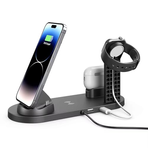 4-in-1 Wireless Charging Station Compatible with iPhone, Apple Watch, AirPods, and Android, Black, with USB Port