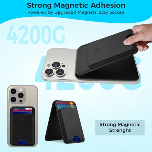 Genuine Leather MagSafe Wallet with Stand | RFID Blocking Magnetic Phone Wallet Card Holder for iPhone 17/16/15/14/12 | Ultra-Slim Minimalist Design | Stronger Magnetic Grip (BLACK) - color: BLACK