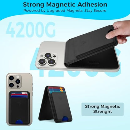 Genuine Leather MagSafe Wallet with Stand | RFID Blocking Magnetic Phone Wallet Card Holder for iPhone 17/16/15/14/12 | Ultra-Slim Minimalist Design | Stronger Magnetic Grip (BLACK) - color: BLACK