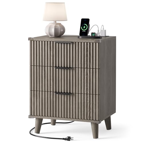Lulive Wood Bedside Table w/Charging Station, 3 Drawers Fluted Dresser - color: Dark Grey, size: 3 Drawers-Set of 1 Nightstand