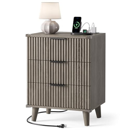Lulive Wood Bedside Table w/Charging Station, 3 Drawers Fluted Dresser - color: Dark Grey, size: 3 Drawers-Set of 1 Nightstand