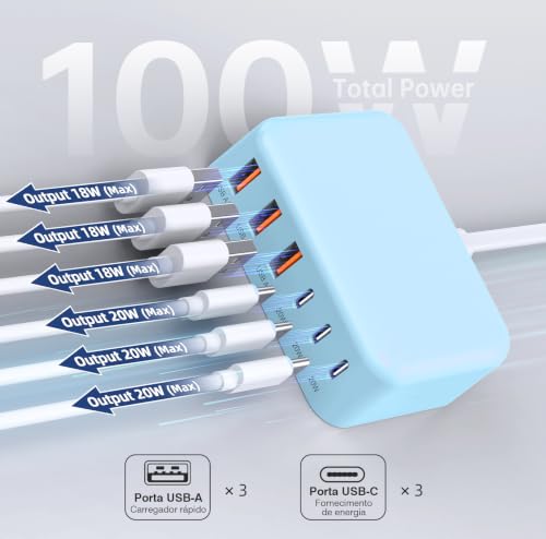 100W 6 in 1 USB Charger, 50% Smaller Charging Station for Multiple Devices - color: Light Blue