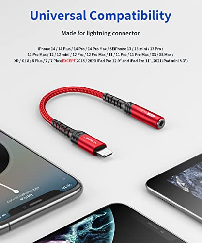 JSAUX Headphone Adapter for iPhone Lightning to 3.5mm Adapter-Red - color: Red, size: 1 Pack