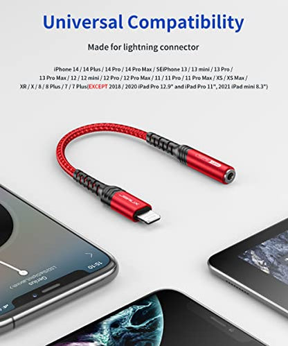 JSAUX Headphone Adapter for iPhone Lightning to 3.5mm Adapter [Apple MFi Certified] Compatible with iPhone 14 Pro Max/14 Plus/13 12 11 Pro Max/SE/XS-Red (Pack of 2) - color: Red, size: 2 Pack