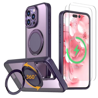Strong Magnetic for iPhone 14 Pro Case with 360° Rotatable Stand [with 2 Tempered Glass Film] [Compatible with Magsafe] Military-Grade Drop Protection Case, Purple - color: Purple, size: iPhone 14 Pro