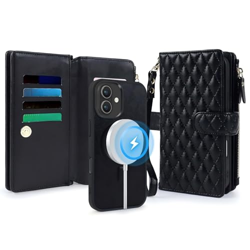 for iPhone 17 Case Wallet,Compatible with MagSafe 2 in 1 Magnetic Detachable PU Leather RFID Blocking Wallet Cover Card Holder Zipper Wrist Strap Lanyard,Quilted Black - color: Quilted Black, size: iPhone 17