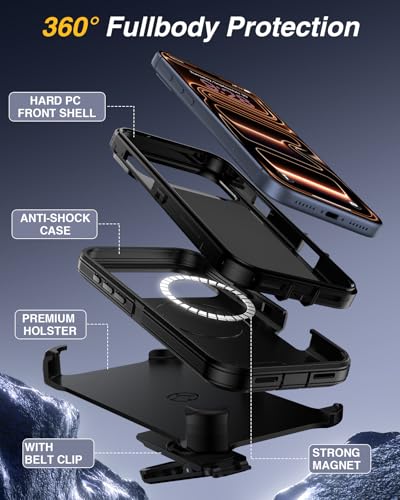 Lanhiem for iPhone 17 Pro Max Magnetic Case with Belt Clip Holster, [Compatible with Magsafe] Heavy Duty Rugged 3 Layer Drop Protection Cell Phone Cover, Anti-Drop with 360° Rotating Kickstand Black