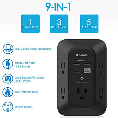 Addtam Surge Protector, Outlet Extender with 5 AC and 4 USB Ports, Black - style: 1C3A No PD