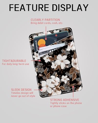 Phone Card Holder, Dual Pocket Leather Phone Wallet Adhesive Stick On, Cute Card Holder, Credit Card Holder for Phone Case Delicate White Flowers - color: Delicate White Flowers