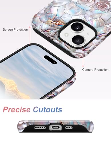 Jusy Magnetic Stained Glass Floral Case for iPhone 15 Pro, Pink Rose | Compatible with MagSafe, Cute Aesthetic Flower Design, TPU and PC Protective Phone Cover - color: Pink Rose