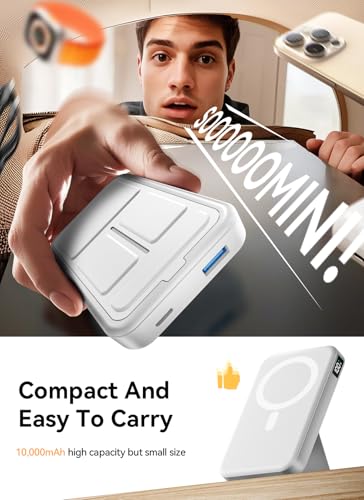 Magnetic Portable Charger, 10000mAh Power Bank with Leather Foldable Stand - color: Ivory White