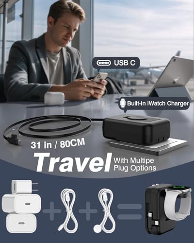 3 in 1 Retractable Wall Charger for Apple Watch,36W Fast Charging Block with 31 Inch Cables,Multi-Device Travel Charger for iPhone 17/16/15/14/13/12, iWatch & AirPods (Black) - color: Black