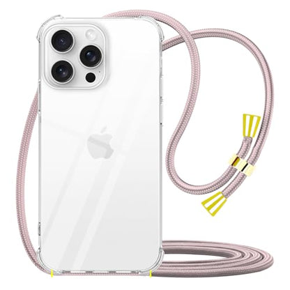 Crossbody Case for iPhone 16 Pro Max Clear Lanyard Strap Mobile Cover Women Soft TPU Bumper Protective Transparent Anti-Scratch Shockproof Phone Case for iPhone 16 Pro Max - Rose Gold - size: for iPhone 16 Pro Max