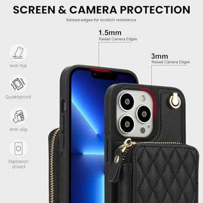 Phone Case for iPhone 14 Pro 6.1 inch Wallet Cell Cover with Tempered Glass Screen Protector Wrist Crossbody Strap RFID Blocking Card Holder iPhone14Pro 5G i i-Phone i14 iPhone14 4 14Pro Women Black - color: Black