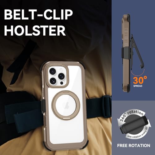 Upgraded 360° Spin Magnetic Invisible Ring Stand Case for iPhone 16 Pro Max 6.9",Compatible with MagSafe, Full Body Rugged Case with Built-in Screen Protector & Kickstand & Belt-Clip (Gold) - color: Gold