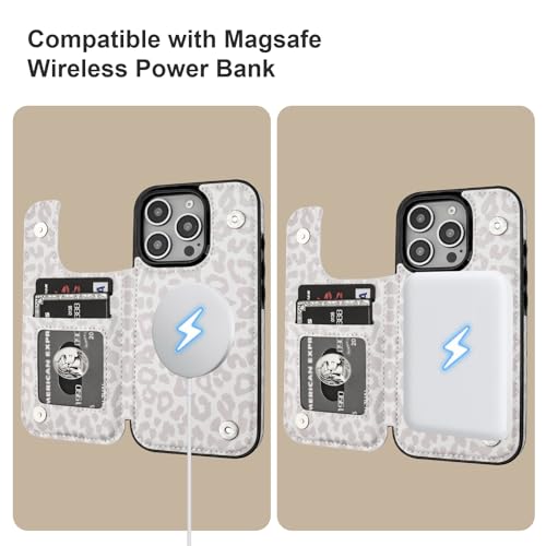 HAOPINSH for iPhone 16 Pro Case Wallet Compatible with MagSafe Wireless Charging, White Leopard Cheetah Pattern Back Flip Folio Leather Kickstand Card Slots Case Double Magnetic Clasp Cover 6.3" - color: White Leopard for MagSafe