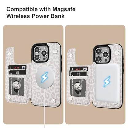 HAOPINSH for iPhone 16 Pro Case Wallet Compatible with MagSafe Wireless Charging, White Leopard Cheetah Pattern Back Flip Folio Leather Kickstand Card Slots Case Double Magnetic Clasp Cover 6.3" - color: White Leopard for MagSafe