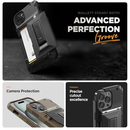 VRS DESIGN Damda Glide Hybrid Phone Case Designed for iPhone 15 Plus (2023), Functional Sturdy Wallet Card Holder Kickstand Case Compatible with iPhone 15 Plus (Khaki) - color: Khaki, size: iPhone 15 Plus