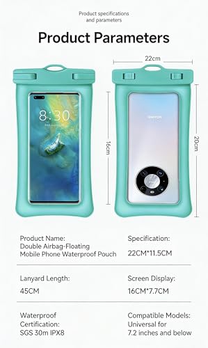 Waterproof Phone Pouch with Airbag Floating Design, IPX8 Universal Dry Bag for Smartphones Up to 6.9 Inches, Blue, Touch Screen Compatible