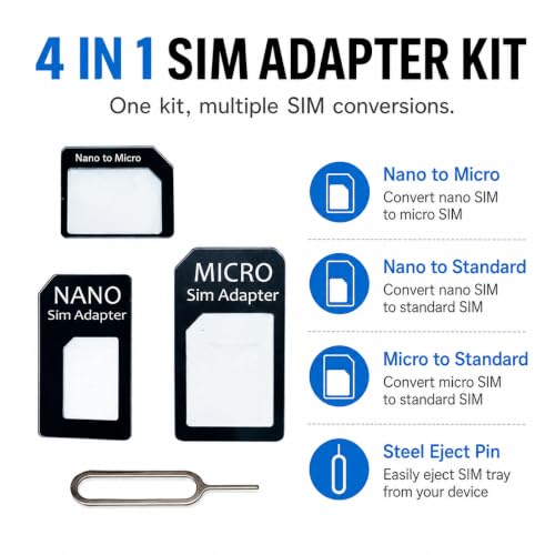 Sim Card Adapter Nano Micro - Standard 4 in 1 Converter Kit with Steel Tray Eject Pin (Black) - color: Black