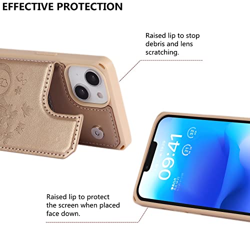 iCoverCase Compatible with iPhone 14 Wallet Phone Case with Card Holder for Women, RFID Blocking Embossed PU Leather Wrist Strap Case 6.1 Inch (Heart Gold) - color: H-Gold