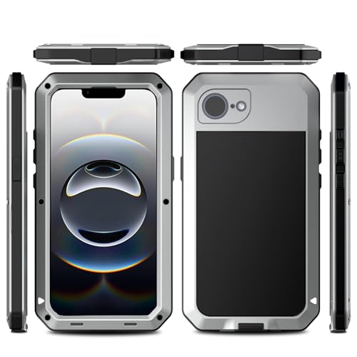 for iPhone 16E Metal Case,Heavy Duty Shockproof Aluminum Alloy Tough Armour Military Grade Phone Case for iPhone 17E,Full Body Protective Cover with Silicone Built-in Screen Protector-Silver - color: Silver