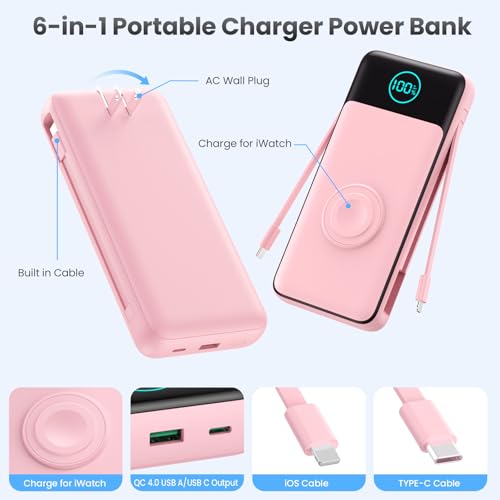 Portable Charger for iPhone with Built-in Cables and AC Wall Plug,26800mah Fast Charging USB C Power Bank,25W PD Travel Essential Battery Pack for iPhone 17/16/15/14/13,Galaxy,Apple Watch (Pink) - color: Pink