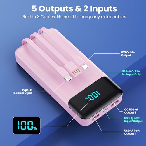 Portable Charger 40800mAh Power Bank,Built-in Cables,25W Fast Charging - color: Pink