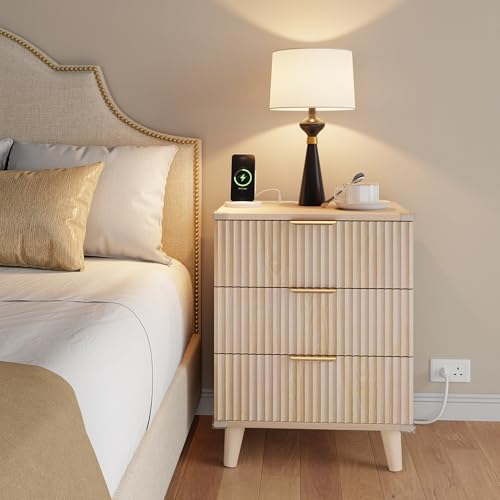 Lulive Wood Bedside Table w/Charging Station, 3 Drawers Fluted Dresser - color: Natural Oak, size: 3 Drawers-Set of 1 Nightstand