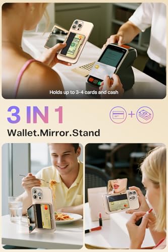 Meifigno Strong Magnetic Phone Wallet with Mirror & Kickstand, Magnetic Phone Card Holder (3-4 Cards & Cash) Compatible with iPhone 17/16/15/14/13/12 Series, Metal Plating Glossy, Desert Titanium - color: Desert Titanium