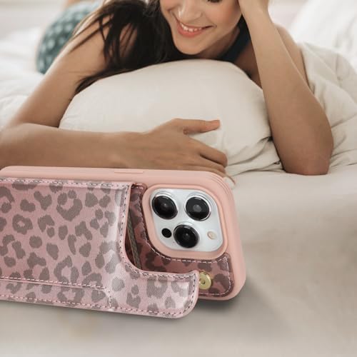 iCoverCase Compatible with iPhone 14 Pro Case with Card Holder, Wallet Case for Women Men RFID Blocking PU Leather Protective Phone Case 6.1 Inch (Rose Gold Leopard) - color: Rose Gold Leopard