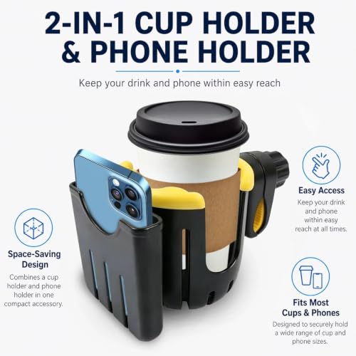 2 in 1 Universal Cup Holder with Phone Mount Tool-Free Clamp On for Stroller Walker Wheelchair Bike Scooter 360 Degree Rotatable Yellow - color: Yellow