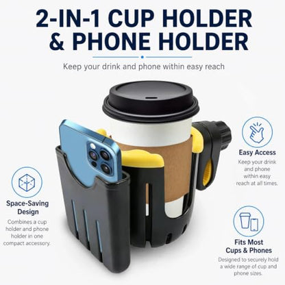 2 in 1 Universal Cup Holder with Phone Mount Tool-Free Clamp On for Stroller Walker Wheelchair Bike Scooter 360 Degree Rotatable Yellow - color: Yellow