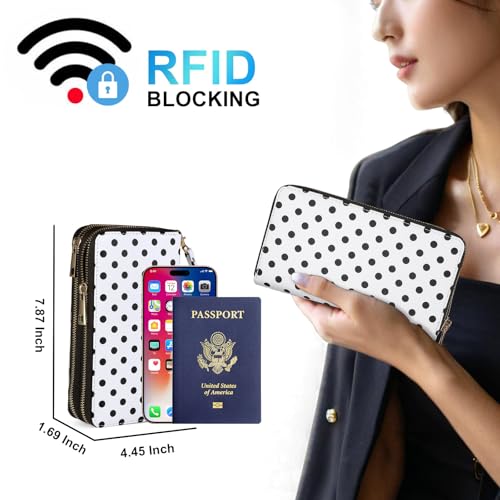 RFID Blocking Cellphone Wallet for Women with Removable Strap, Large Capacity Multi Card Wristlet Purse for Travel, Coin Pocket & Double Zipper, Polka Dot - color: Black Polka Dot