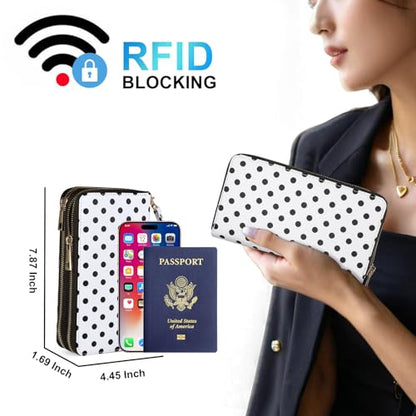 RFID Blocking Cellphone Wallet for Women with Removable Strap, Large Capacity Multi Card Wristlet Purse for Travel, Coin Pocket & Double Zipper, Polka Dot - color: Black Polka Dot