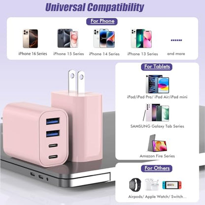 USB Fast Charging Block, 4-Port 40W Charge Adapter Pink iPhone Apple USB C - color: Pink