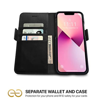 Dreem Vegan Leather Magnetic Detachable Wallet Case for iPhone 13 Black | Built-in Phone Stand, RFID Blocking Card Holder Flip Cover, MagSafe Compatible, Gift Box [Fibonacci: Black] - color: Black, size: iPhone 13