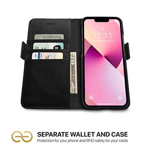 Dreem Vegan Leather Magnetic Detachable Wallet Case for iPhone 13 Black | Built-in Phone Stand, RFID Blocking Card Holder Flip Cover, MagSafe Compatible, Gift Box [Fibonacci: Black] - color: Black, size: iPhone 13